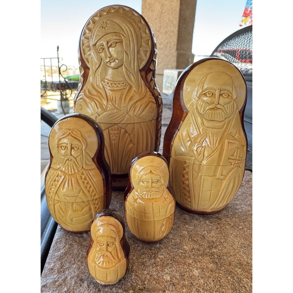 Mary Jesus Saints 5 Nesting Dolls Relief Carved USSR Artist Signed RARE Catholic